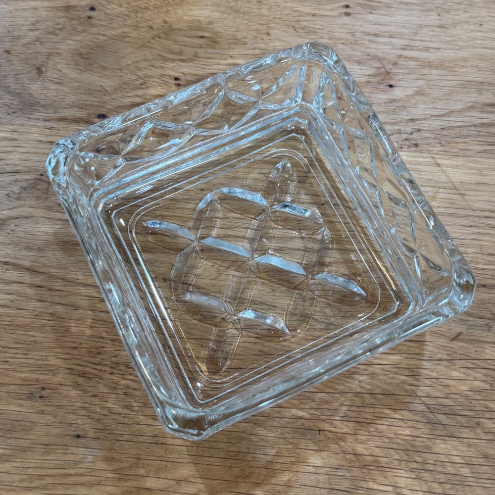 Vintage Clear Pressed Glass Square Trinket Dish Diamond Cut Pattern 4.25in